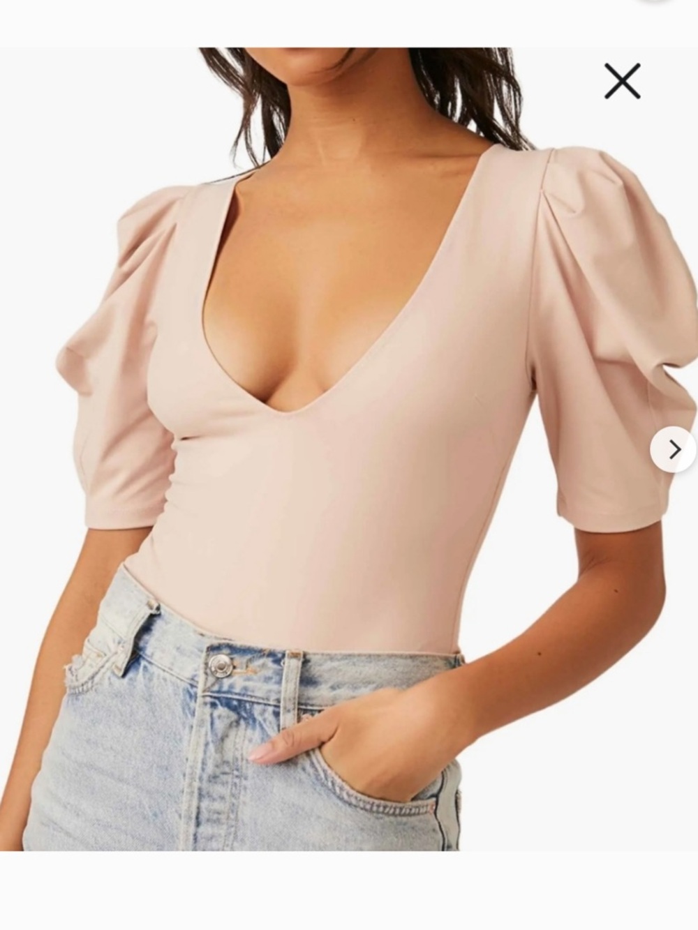 Free People tan V-Neck Puff Sleeve thong Bodysuit